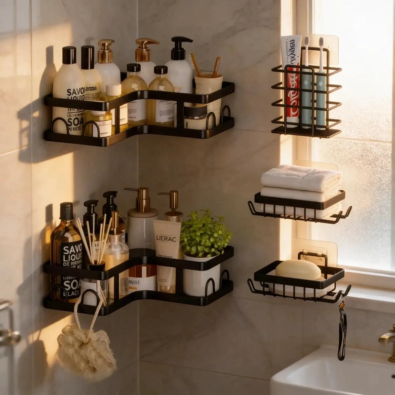 SET DE 5 REPISAS DE METAL PARA BAÑO EN COLOR NEGRO - 1