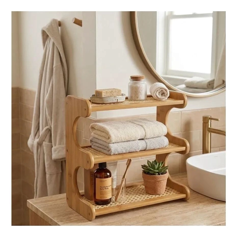 ESTANTE ORGANIZADOR DE BAÑO DE BAMBU Y RATAN SINTE TICO - 4