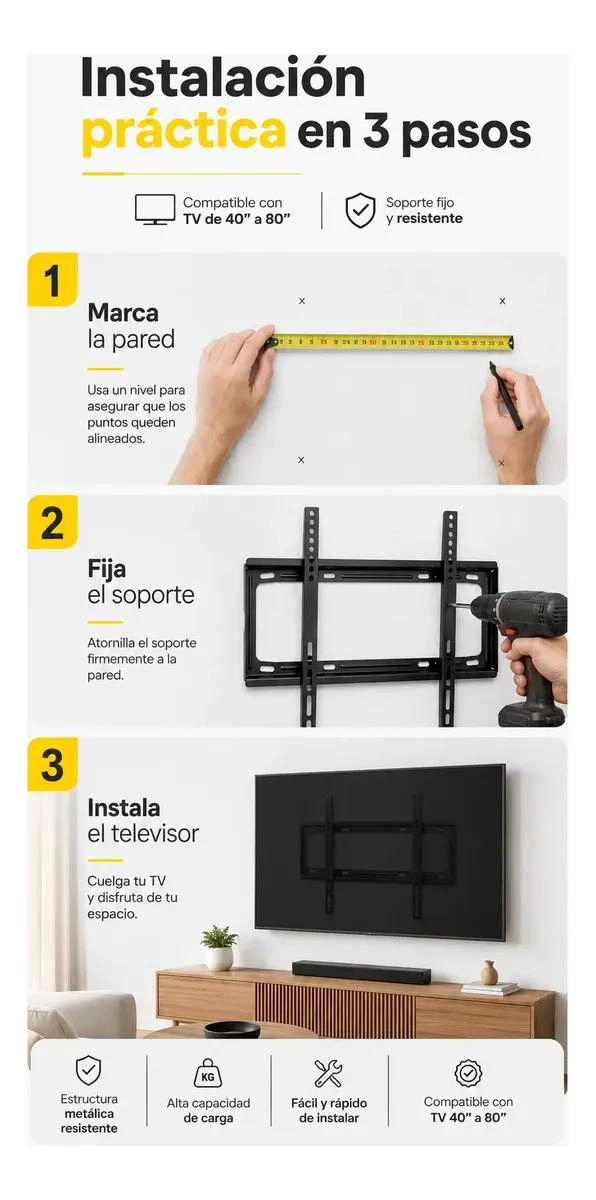 SOPORTE FIJO PARA TELEVISORES DE 40 A 80 PULGADAS EN COLOR NEGRO - 7