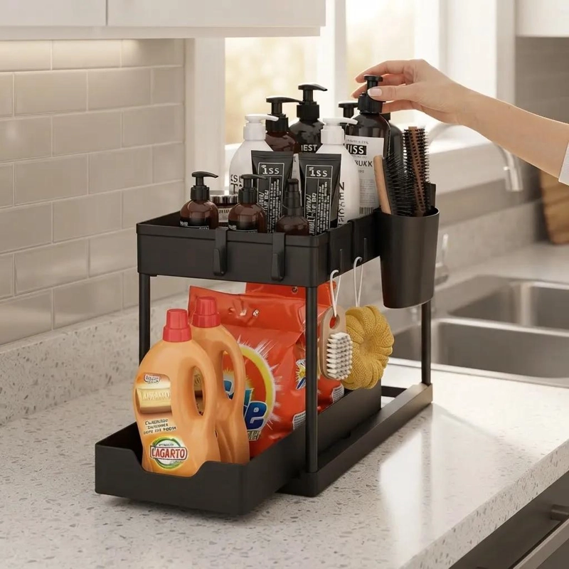ORGANIZADOR DESLIZABLE DE DOS NIVELES PARA COCINA Y BAÑO - 1