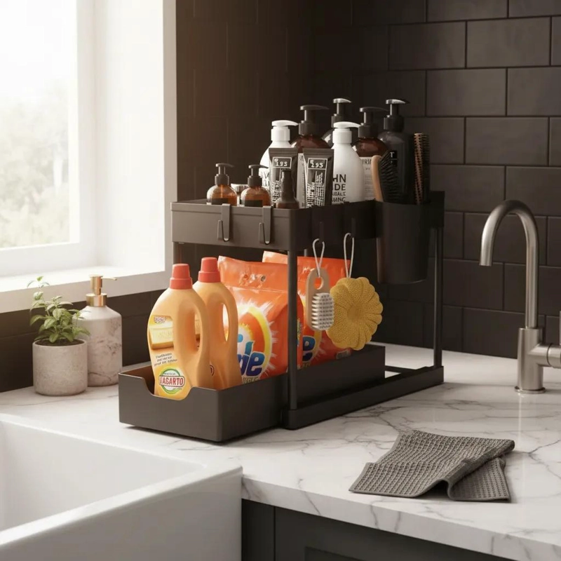 ORGANIZADOR DESLIZABLE DE DOS NIVELES PARA COCINA Y BAÑO - 2