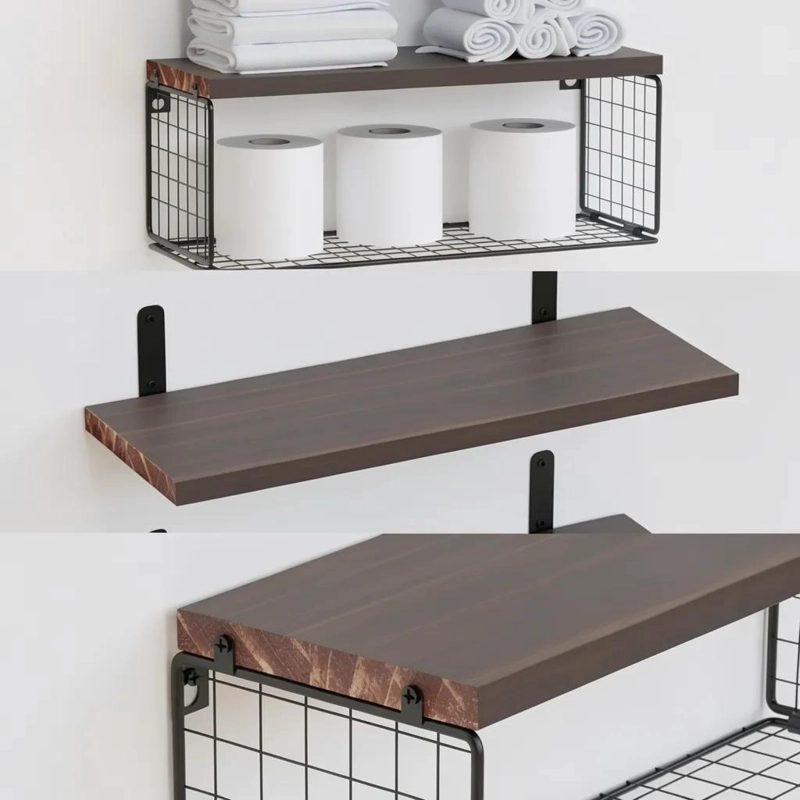 ORGANIZADOR DE DUCHA CON ESTANTES DE MADERA Y CANASTA DE ALAMBRE - 3