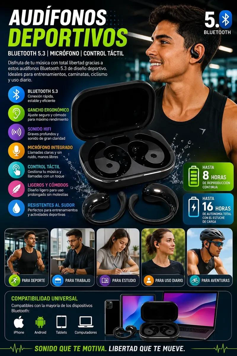AUDIFONOS BLUETOOTH 5.3 DEPORTIVOS CON CONTROL TACTIL - 2