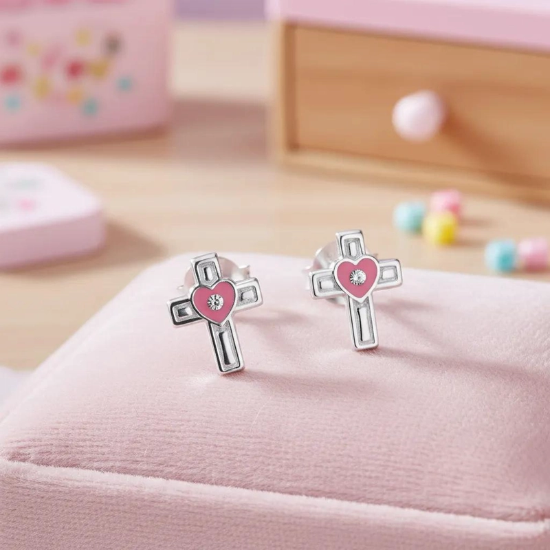 AROS DE CRUZ DE PLATA PARA NIÑOS CON CRISTAL Y EPOXI - 2