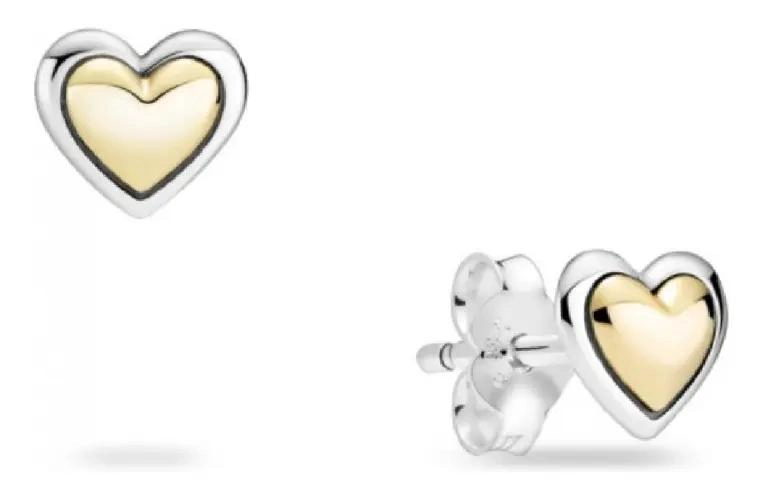 AROS DE PLATA 925 CON DISEÑO DE CORAZON Y CENTRO DORADO ELEGANTE - 2