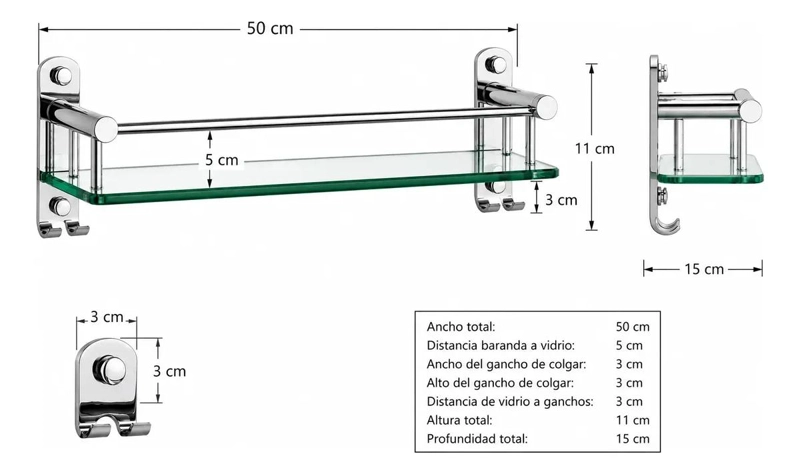 ESTANTE DE VIDRIO PARA BAÑO CON GANCHOS DE ACERO INOXIDABLE - 2