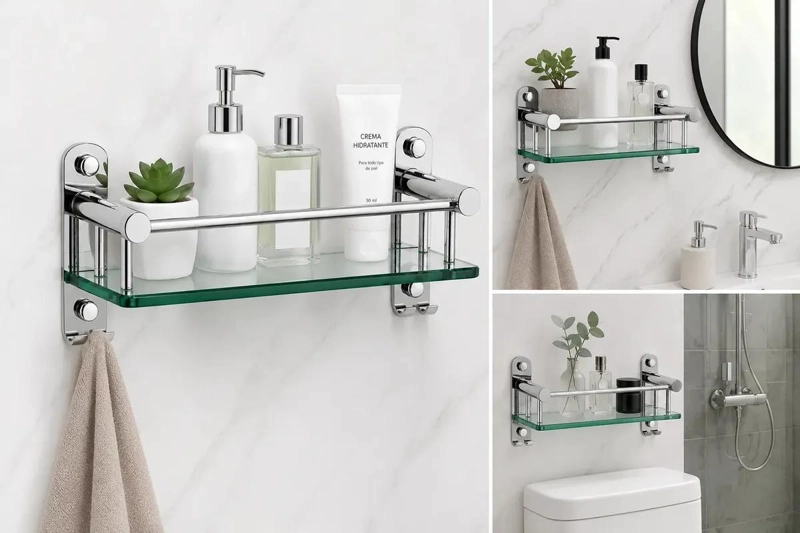 ESTANTE DE VIDRIO PARA BAÑO CON GANCHOS DE ACERO INOXIDABLE - 3