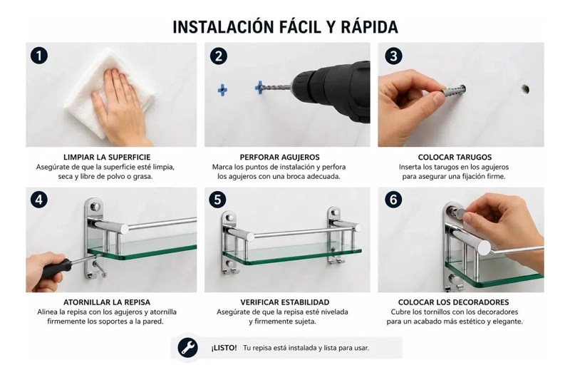 ESTANTE DE VIDRIO PARA BAÑO CON GANCHOS DE ACERO INOXIDABLE - 4
