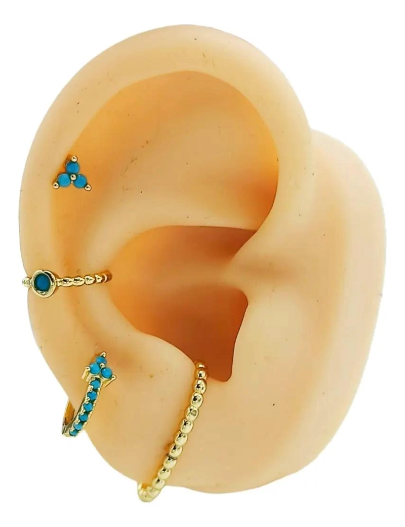 SET DE AROS HUGGIES TURQUESA Y EARCUFF EN ORO 18KL - 1
