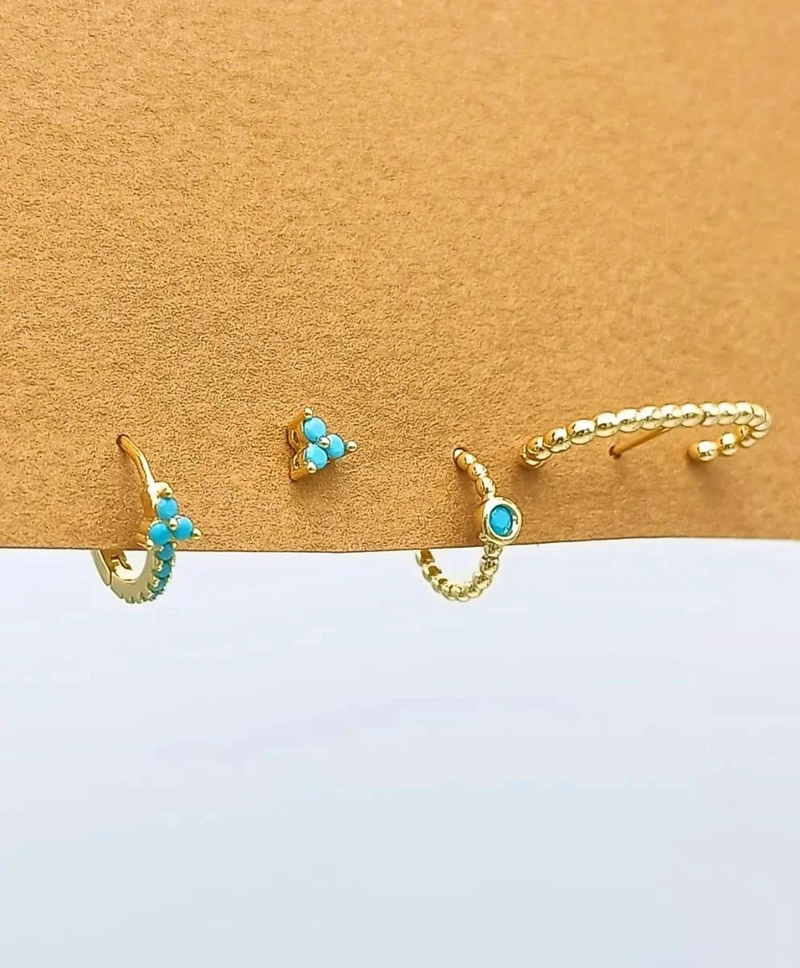 SET DE AROS HUGGIES TURQUESA Y EARCUFF EN ORO 18KL - 3