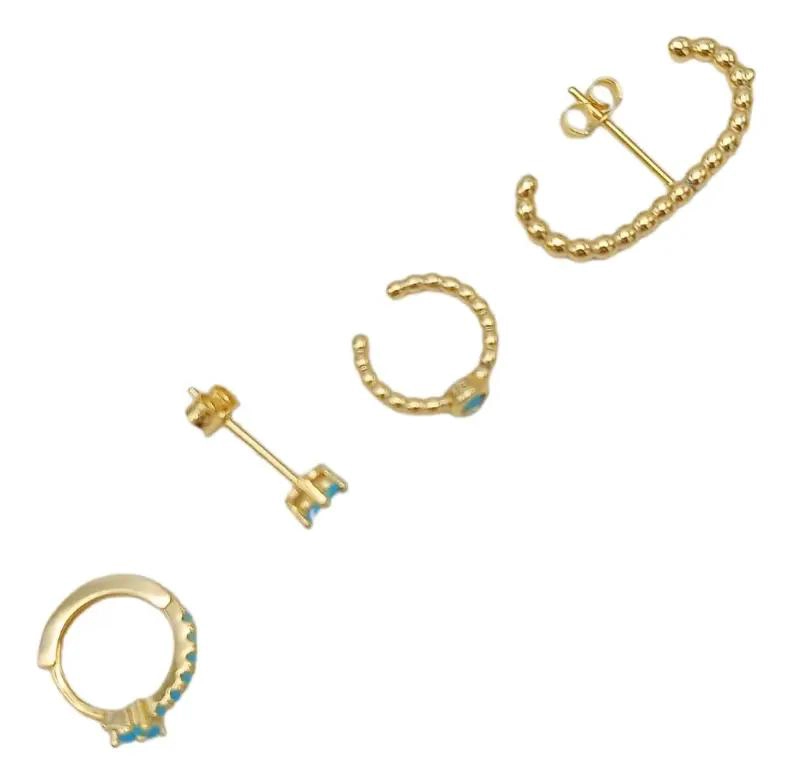 SET DE AROS HUGGIES TURQUESA Y EARCUFF EN ORO 18KL - 4