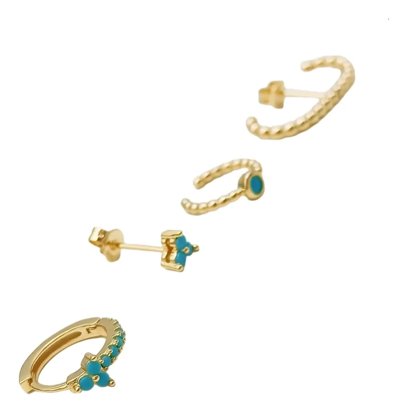 SET DE AROS HUGGIES TURQUESA Y EARCUFF EN ORO 18KL - 5