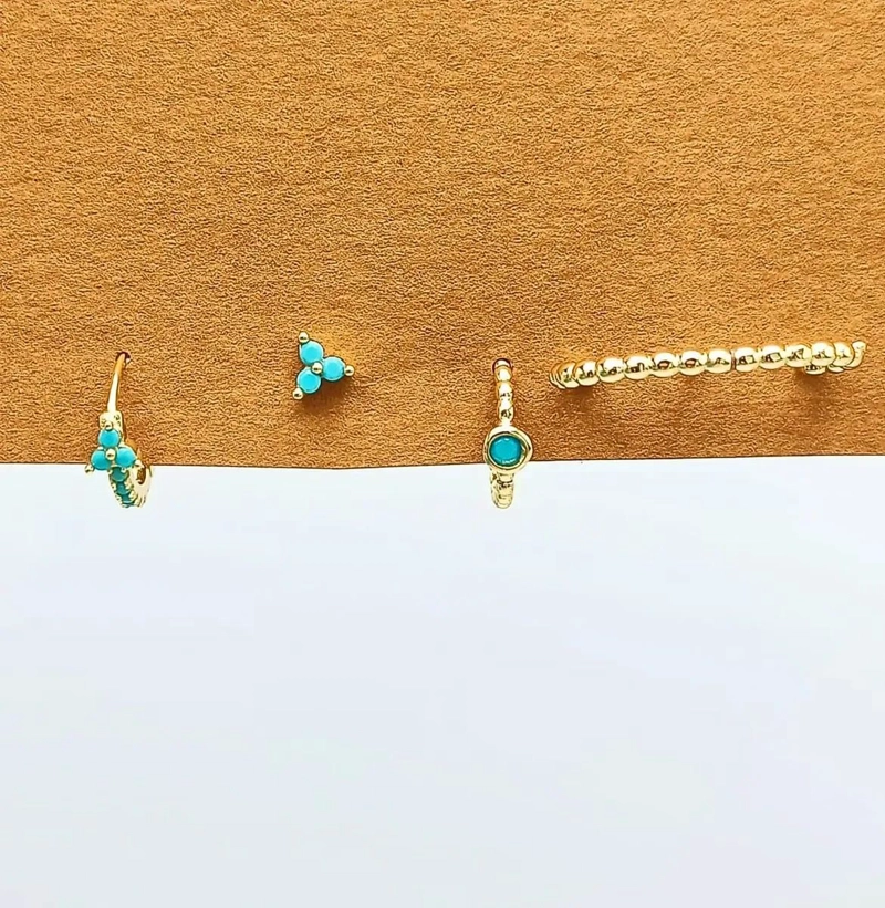 SET DE AROS HUGGIES TURQUESA Y EARCUFF EN ORO 18KL - 6