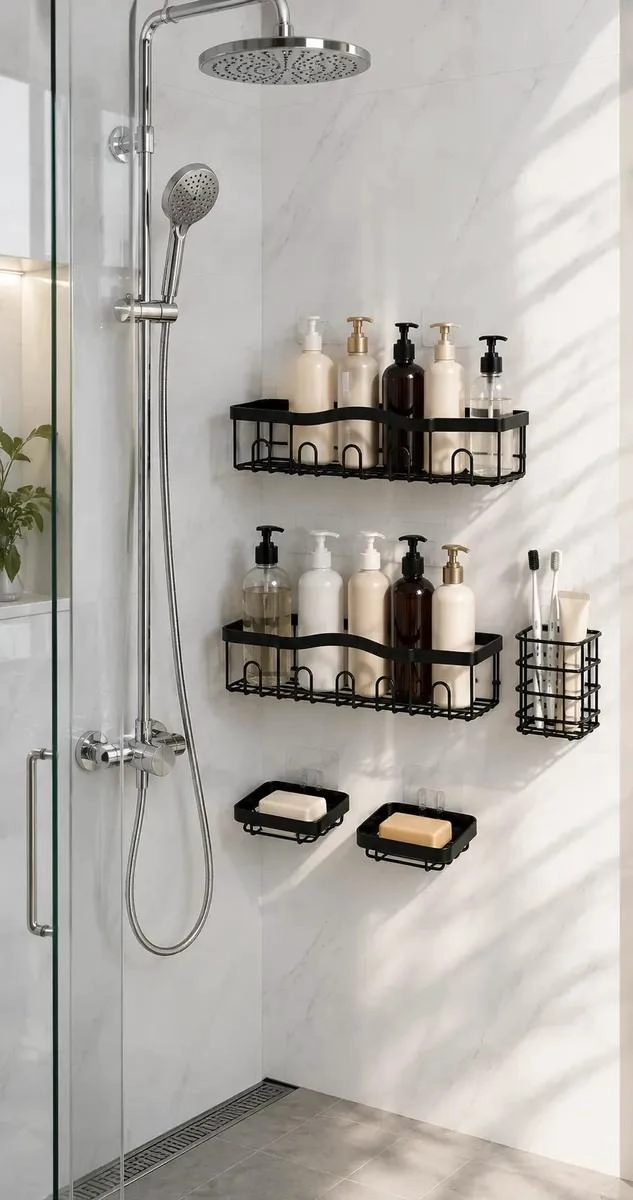 SET ORGANIZADOR ADHESIVO DE BAÑO 5 PIEZAS COLOR NEGRO - 3