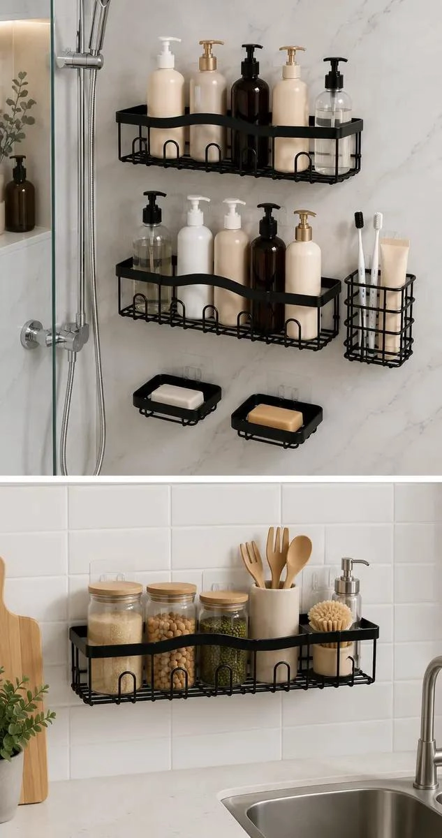 SET ORGANIZADOR ADHESIVO DE BAÑO 5 PIEZAS COLOR NEGRO - 7