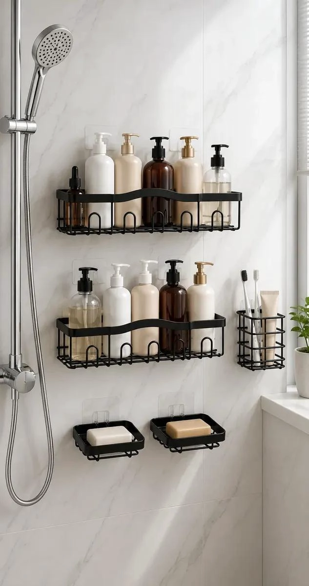 SET ORGANIZADOR ADHESIVO DE BAÑO 5 PIEZAS COLOR NEGRO - 8