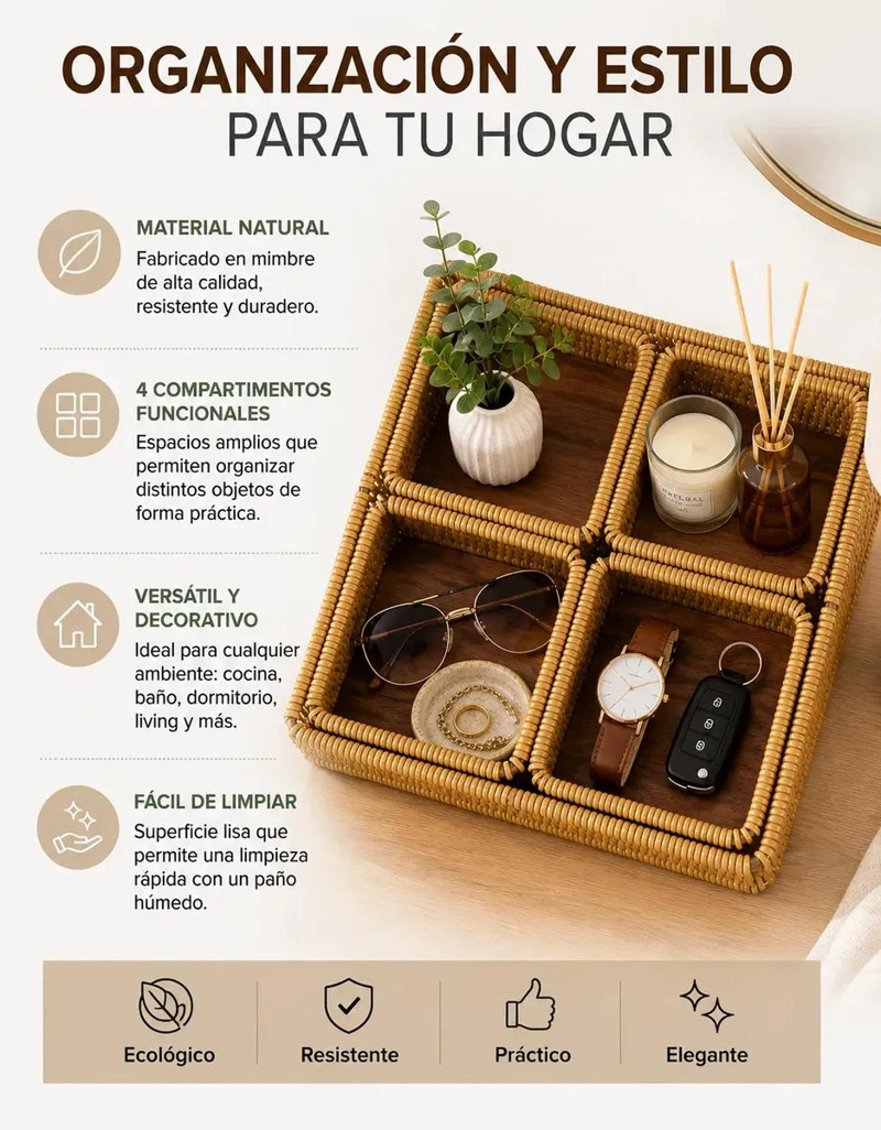 CANASTO ORGANIZADOR DE MIMBRE PARA ALMACENAMIENTO Y DECORACION - 3
