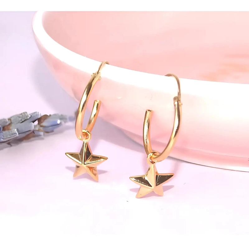 AROS DE PLATA 925 BAÑADOS EN ORO CON COLGANTE DE ESTRELLAS - 2