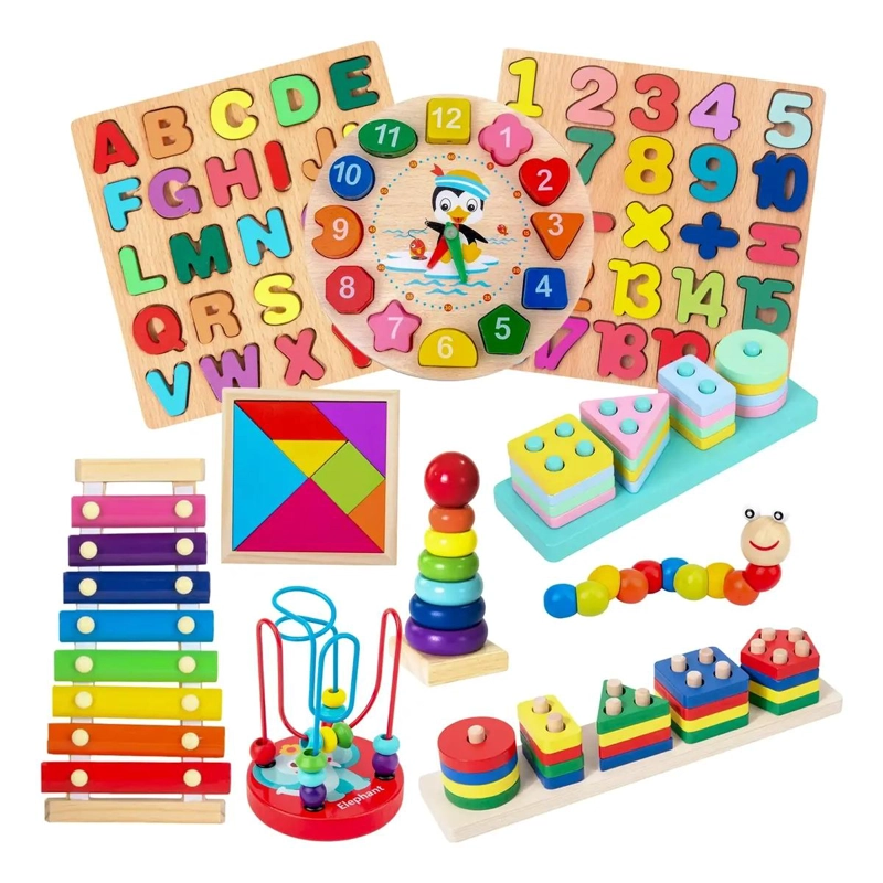 PACK DE 10 JUGUETES DIDACTICOS DE MADERA PARA APRENDIZAJE INFANTIL - 1