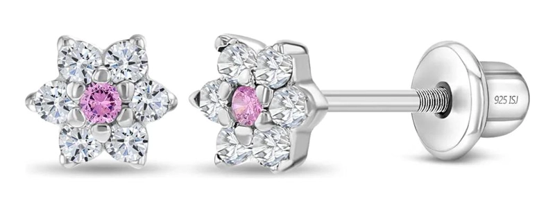 AROS DE PLATA 925 CON DISEÑO FLORAL Y CIRCONES ROSADOS - 1