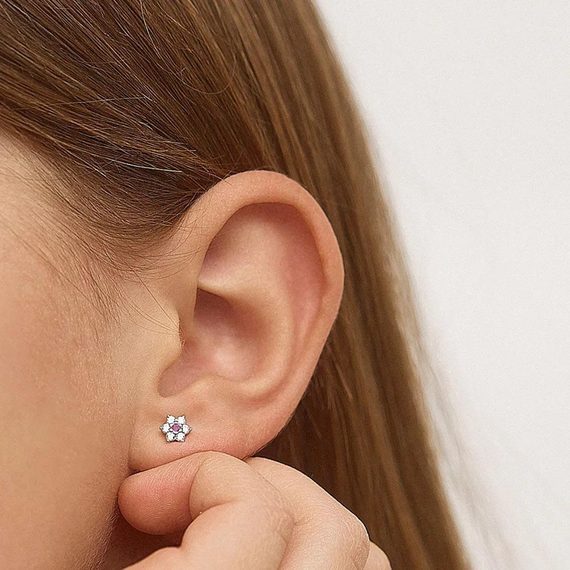 AROS DE PLATA 925 CON DISEÑO FLORAL Y CIRCONES ROSADOS - 2