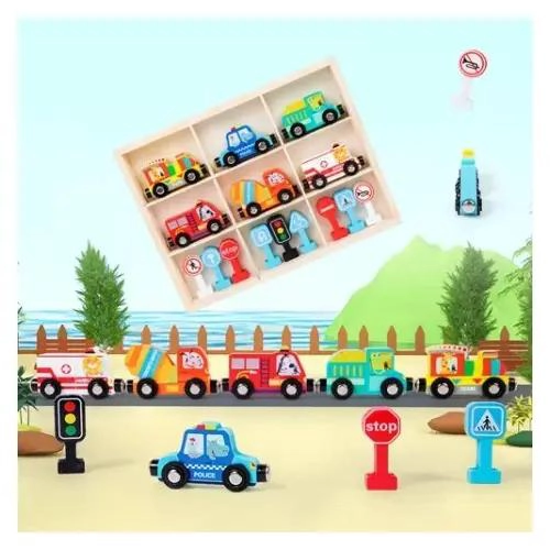 TREN MAGNE TICO DE MADERA CON ANIMALES Y SEÑALES DE TRANSITO - 2
