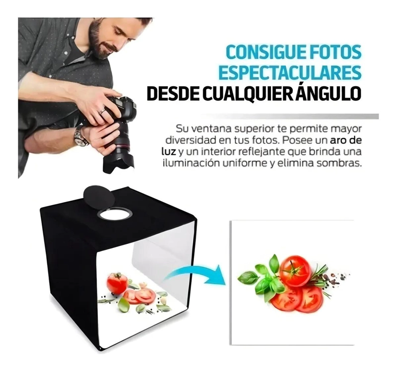 ESTUDIO FOTOGRAFICO PORTATIL 40X40 CM CON ARO LED Y FONDOS - 6