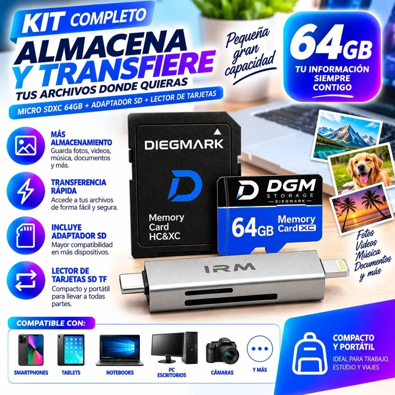 KIT DE MEMORIA MICRO SDXC 64GB CON ADAPTADOR Y LECTOR - 2