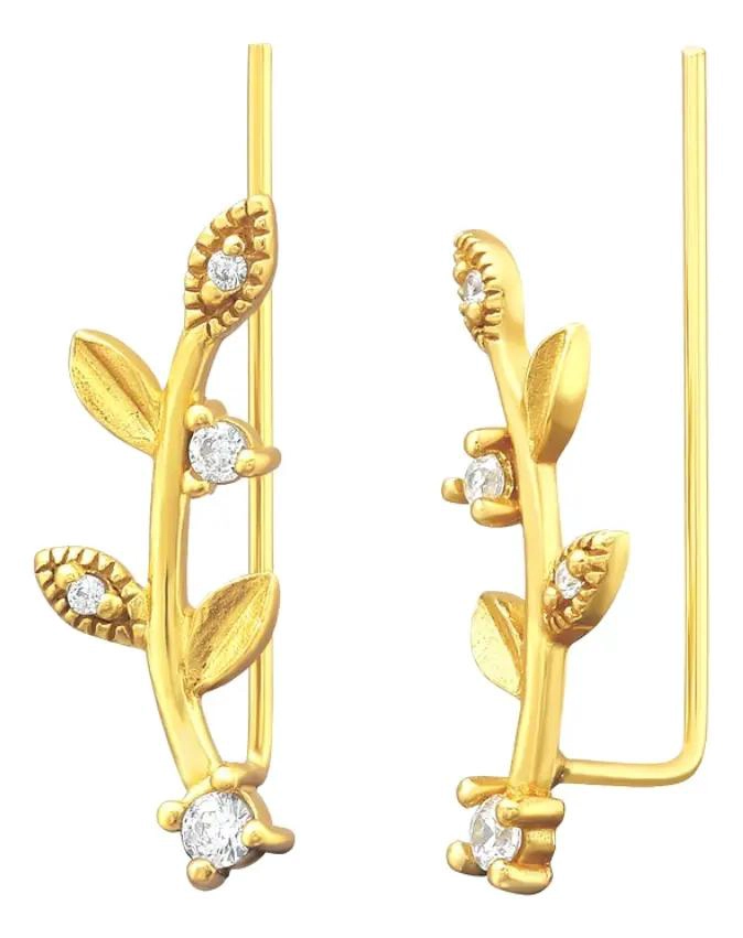 AROS TREPADORES DORADOS CON DISEÑO DE HOJAS EN PLATA 925 - 1