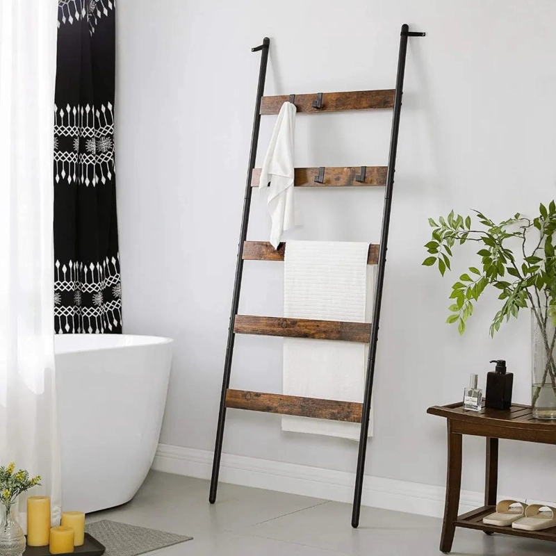 PERCHERO ESCALERA 5 NIVELES DE MADERA Y FIERRO NEGRO - 4