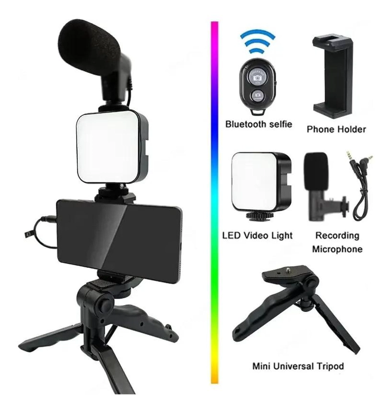 KIT DE GRABACION CON MICROFONO, LUZ LED Y TRIPODE AJUSTABLE - 1
