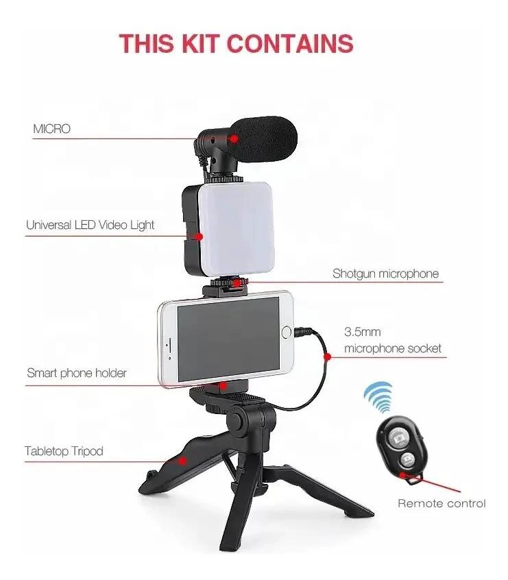 KIT DE GRABACION CON MICROFONO, LUZ LED Y TRIPODE AJUSTABLE - 7