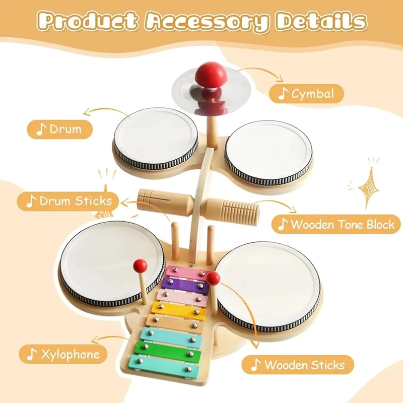 BATERIA INFANTIL DE MADERA 7 EN 1 PARA APRENDIZAJE MUSICAL - 4