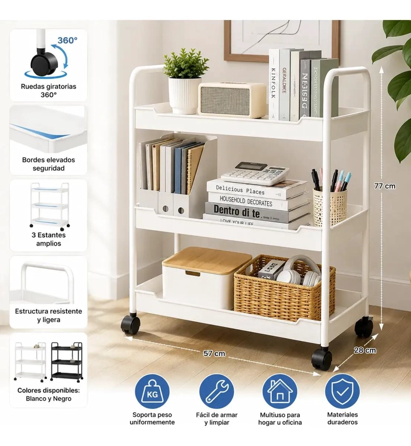 CARRITO ORGANIZADOR MULTIUSO DE 3 NIVELES CON RUEDAS GIRATORIAS - 4