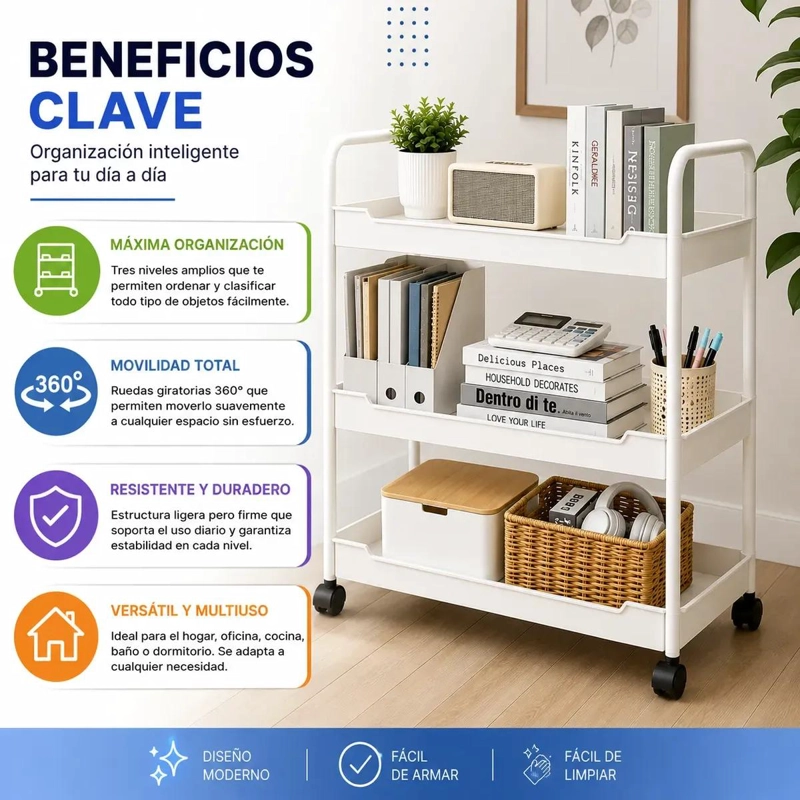 CARRITO ORGANIZADOR MULTIUSO DE 3 NIVELES CON RUEDAS GIRATORIAS - 5