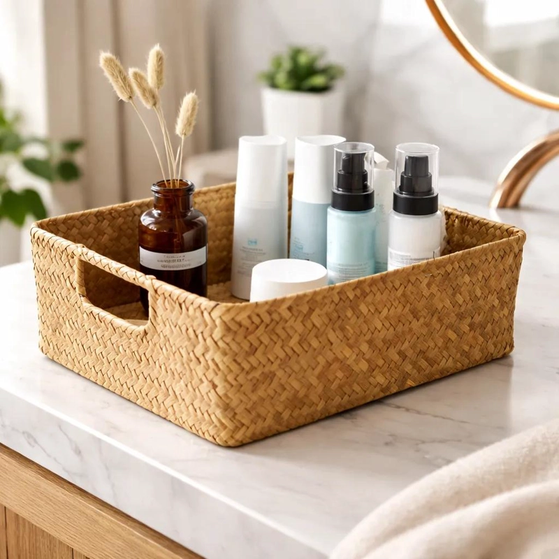 CESTA ORGANIZADORA DE MIMBRE PARA ALMACENAMIENTO Y DECORACION - 1