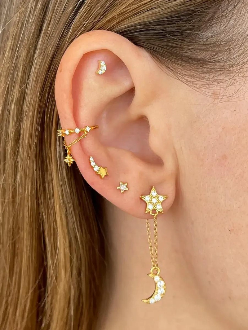 ARO EAR CUFF ESTRELLA COLGANTE EN PLATA 925 CON BAÑO DE ORO - 3