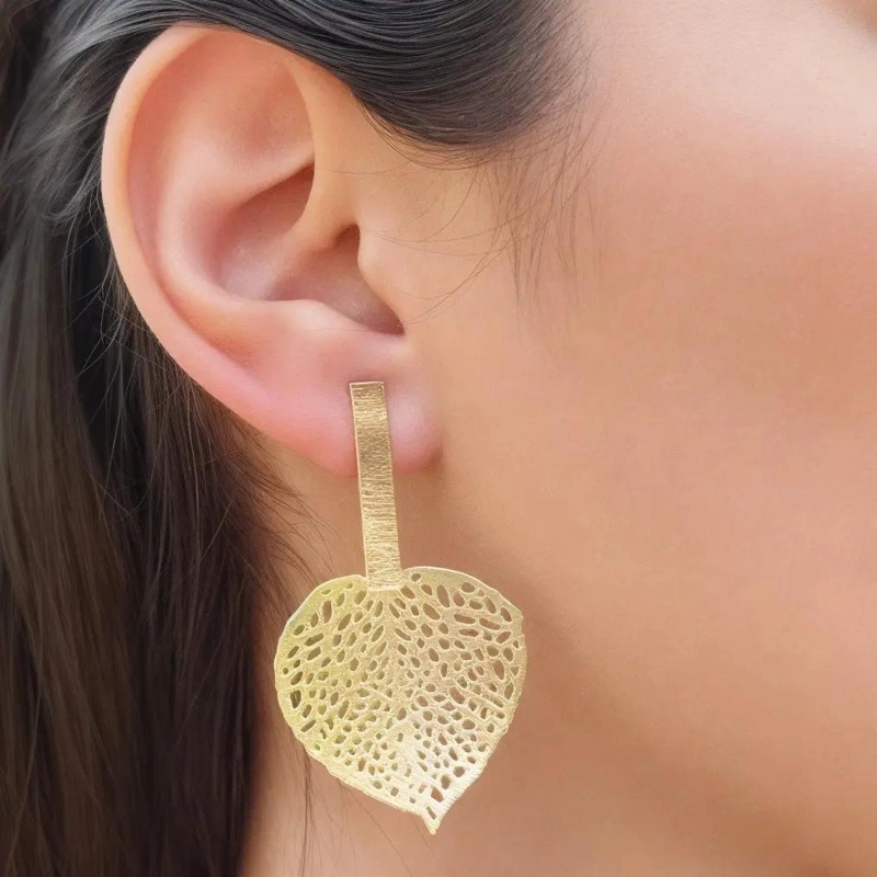 AROS COLGANTES HOJA ENCHAPADOS EN ORO 18K ELEGANTES - 3