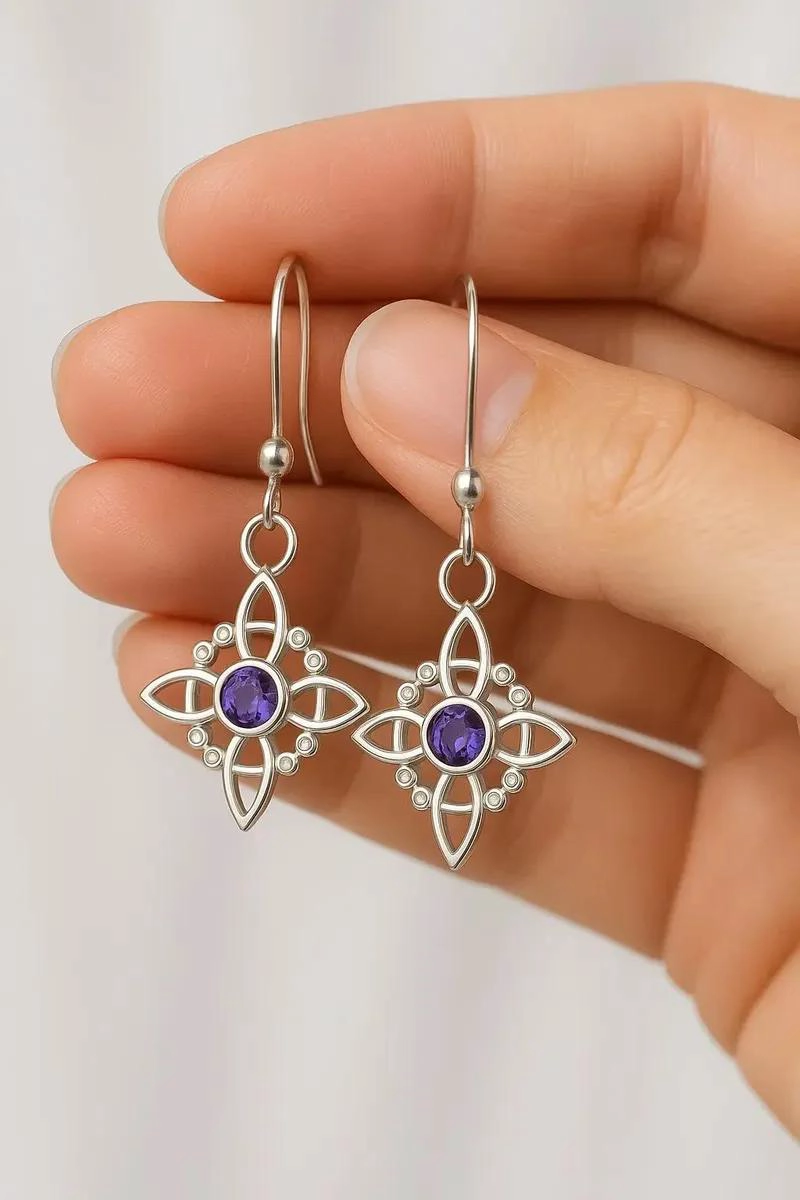 AROS DE PLATA 980 CON AMATISTA DISEÑO NUDO DE BRUJA - 2