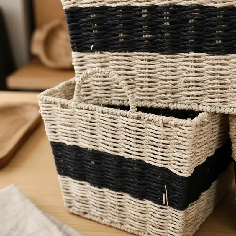 CANASTO ORGANIZADOR DE FIBRA NATURAL CON ASAS Y DISEÑO ELEGANTE - 3