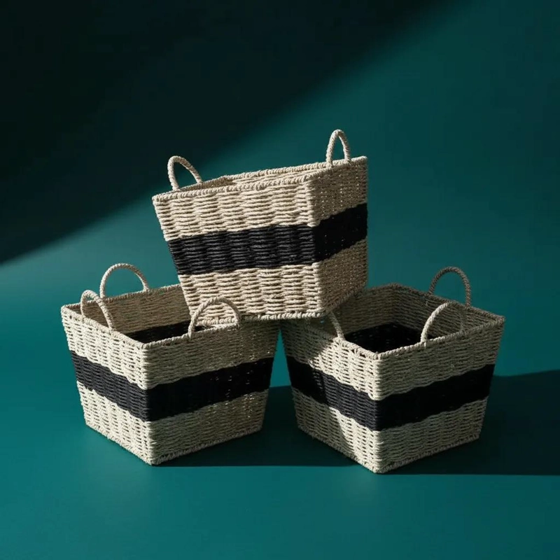 CANASTO ORGANIZADOR DE FIBRA NATURAL CON ASAS Y DISEÑO ELEGANTE - 5
