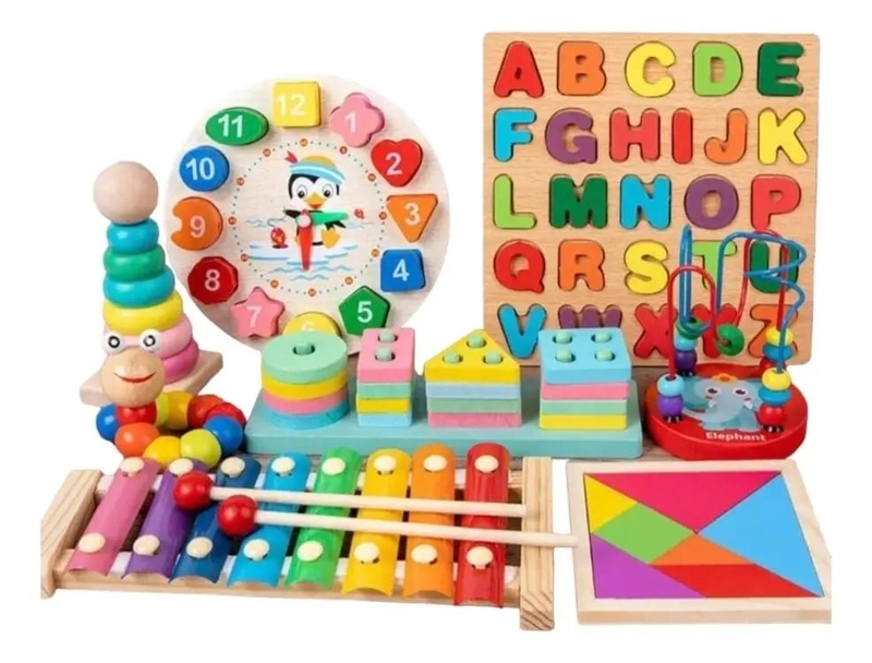 SET DE 7 JUGUETES DIDACTICOS DE MADERA PARA APRENDIZAJE INFANTIL - 1