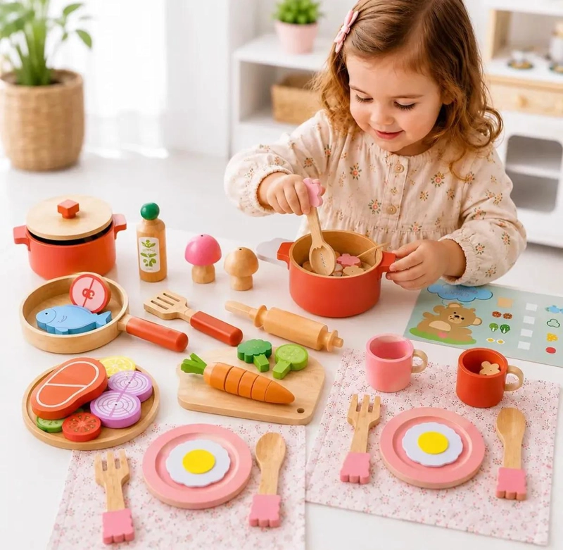 JUEGO INFANTIL DE MADERA 30 PIEZAS PARA COCINAR Y SERVIR - 1