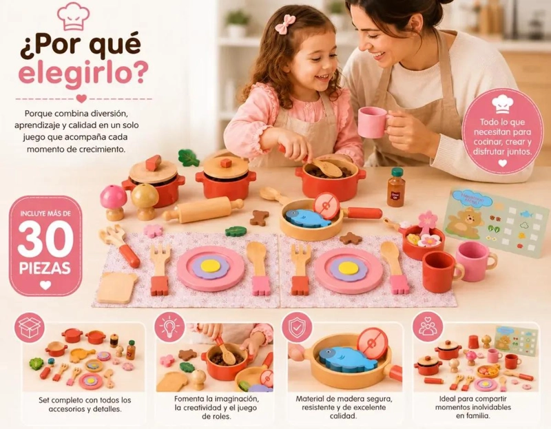 JUEGO INFANTIL DE MADERA 30 PIEZAS PARA COCINAR Y SERVIR - 4