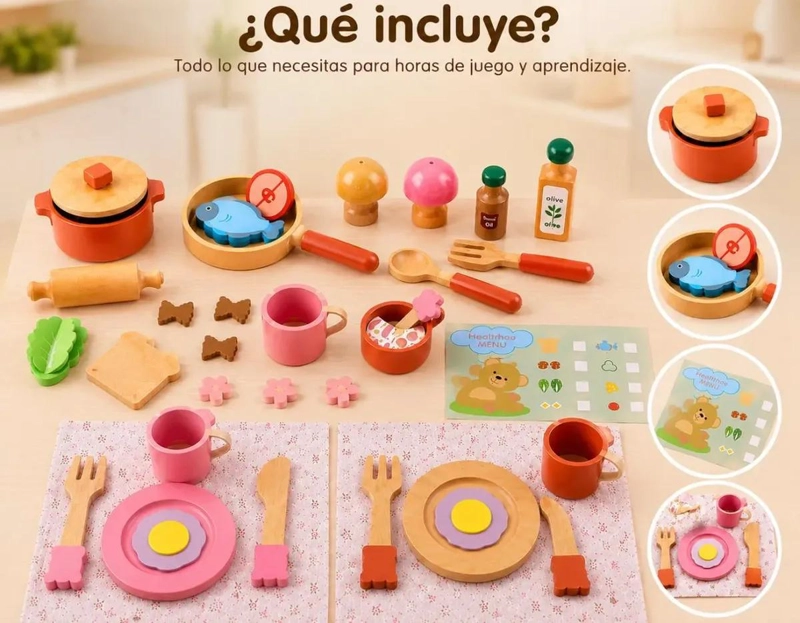 JUEGO INFANTIL DE MADERA 30 PIEZAS PARA COCINAR Y SERVIR - 6