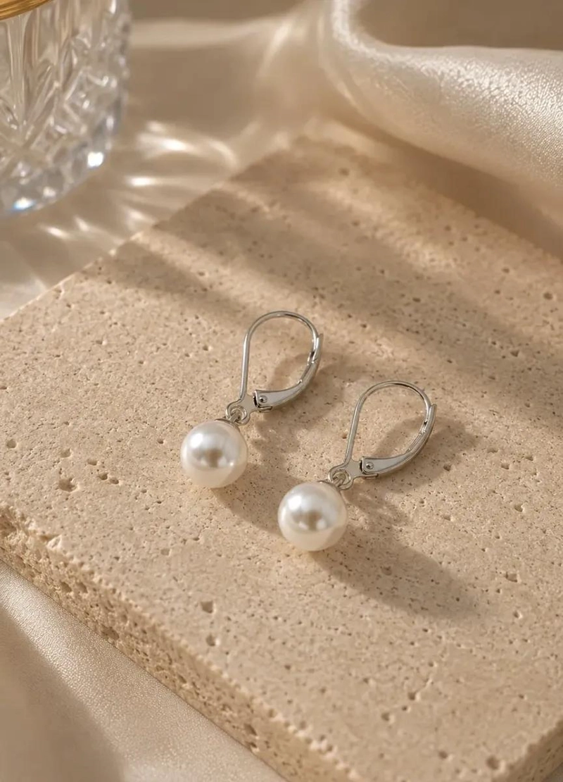 AROS ELEGANTES DE ACERO INOXIDABLE CON PERLAS COLGANTES - 8