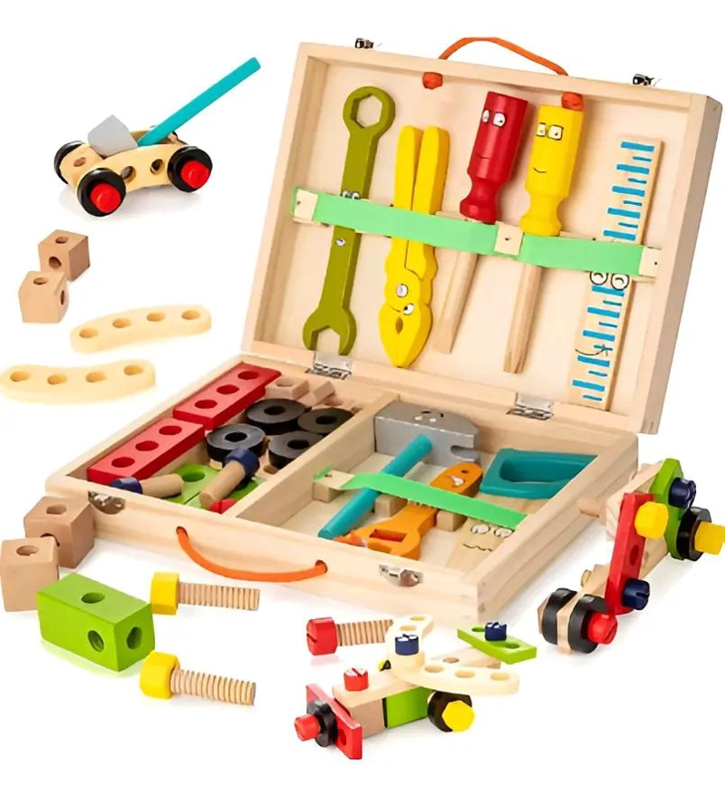 CAJA DE HERRAMIENTAS DE MADERA PARA NIÑOS CON 36 PIEZAS - 1