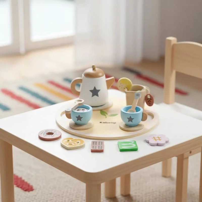 JUEGO DE TE  DE MADERA CON BANDEJA Y TETERA PARA NIÑOS - 2