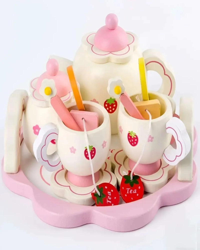 SET DE TE  DE MADERA CON DISEÑO DE FRESAS PARA NIÑOS - 6