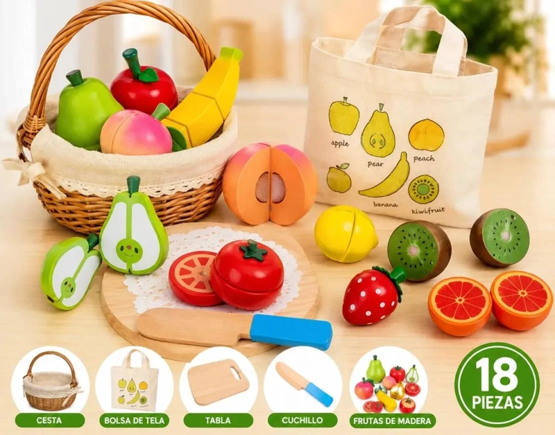 JUEGO DIDACTICO DE FRUTAS DE MADERA PARA CORTAR 18 PIEZAS - 4